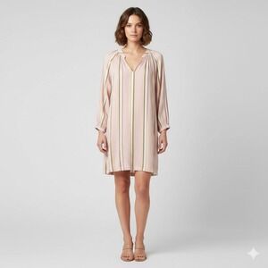 Xirena Sabrine Pink Striped Cotton Gauze V-Neck Mini Dress Long Sleeve Sz Small